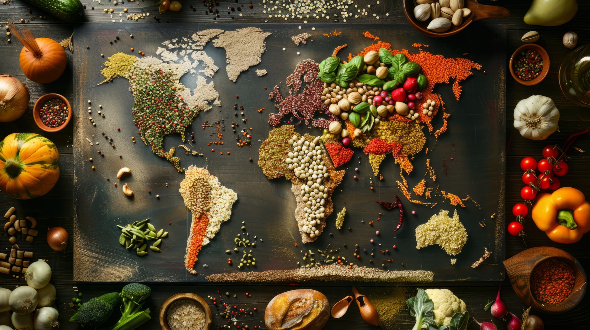 A world map composed of grains, pulses, spices and fresh produce on a dark wooden table