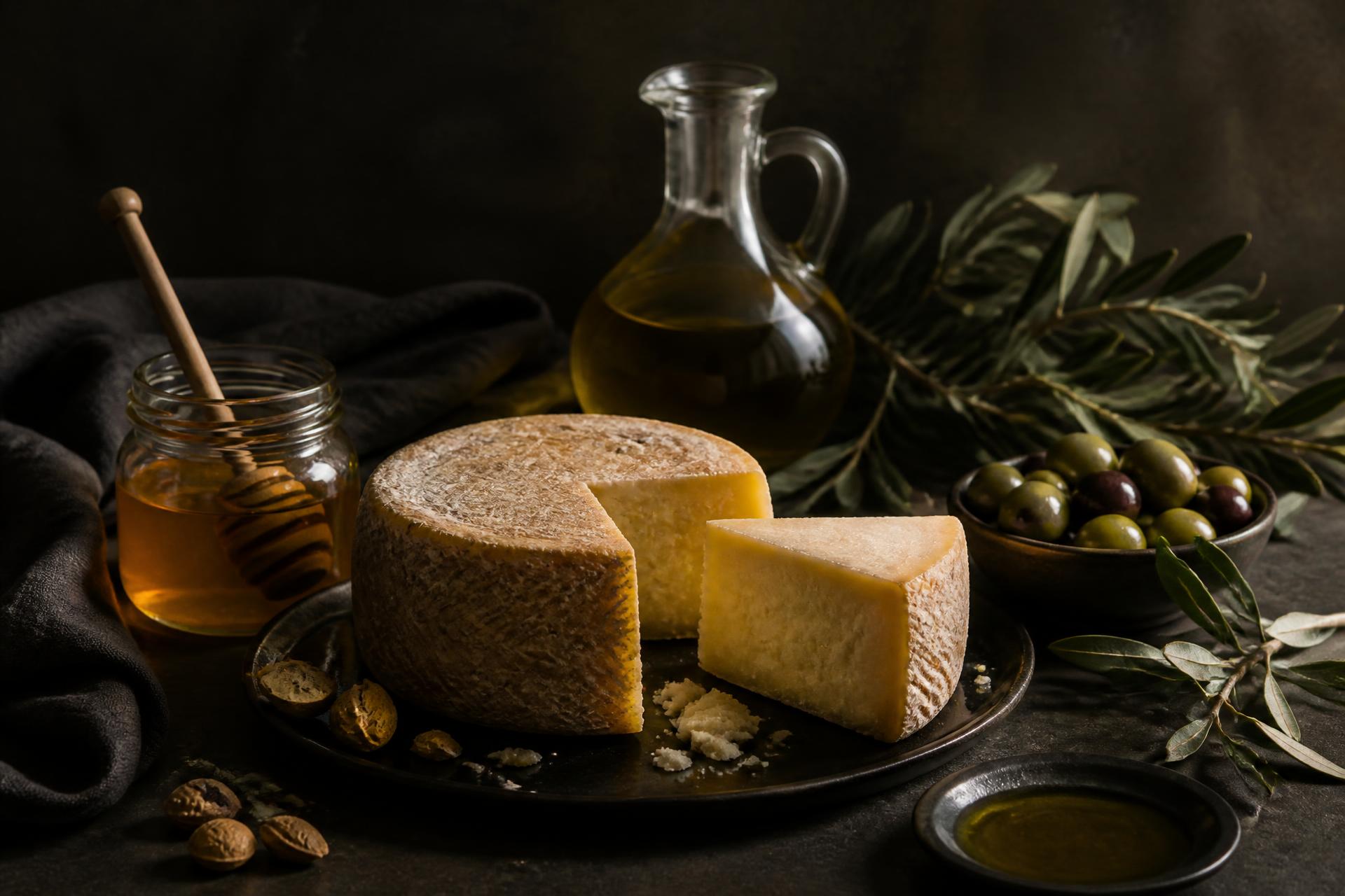 Artisan cheese, honey and olive oil arranged in warm light